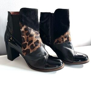 HISPANITAS Leather Ankle Heel Boots Sz 40 (8.5) Suede Pony Hair Animal Print